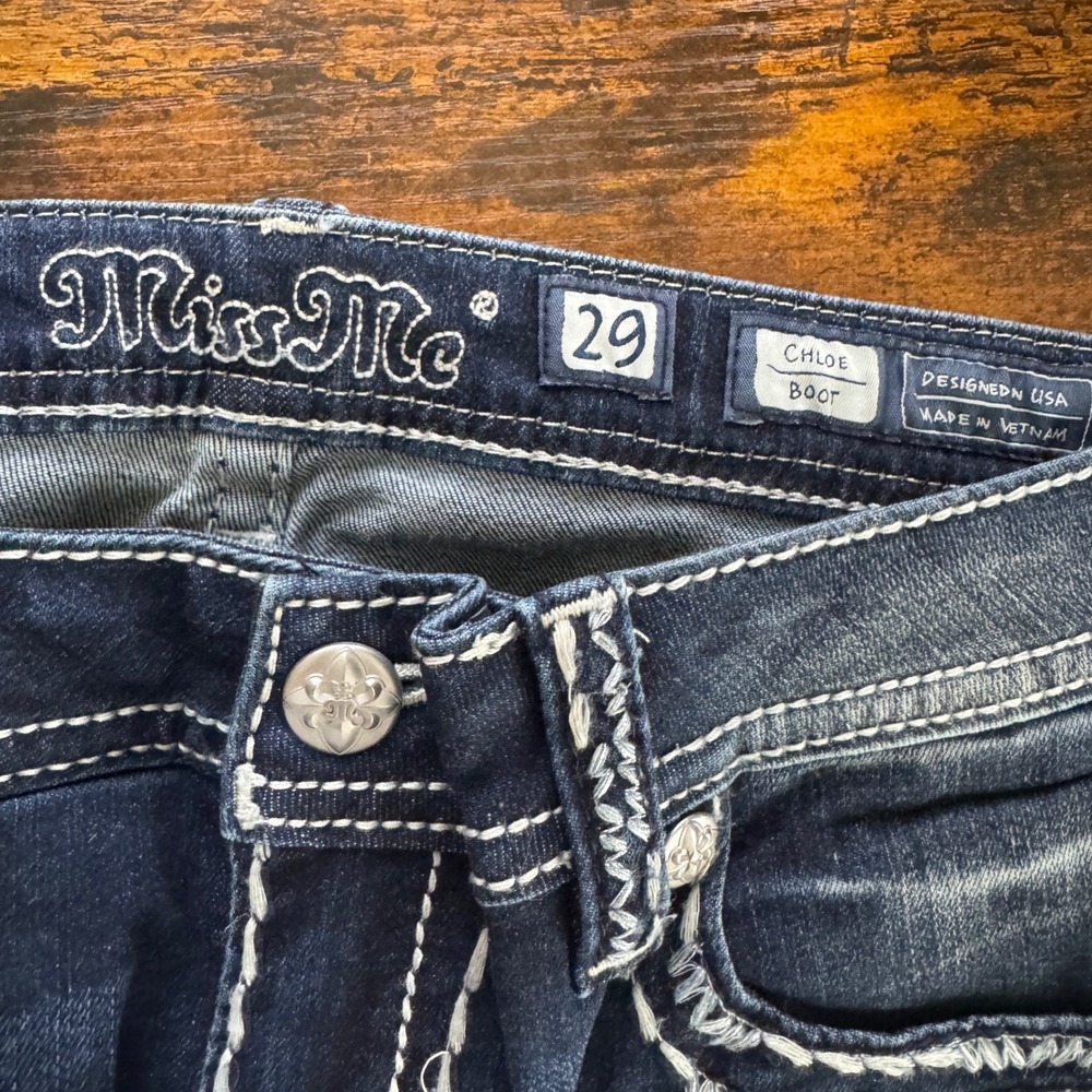 Miss Me Chloe Bootcut Jeans 29 Dark Wash Thick Stitch Embellished Rhinestones - Picture 3 of 9